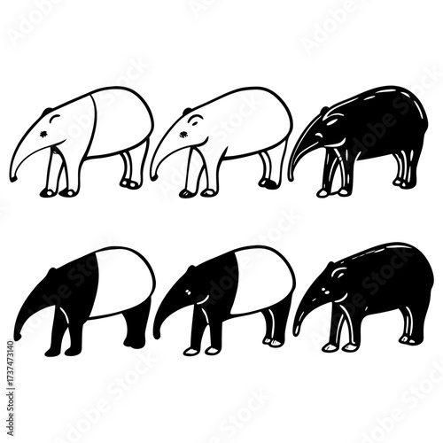 Illustrations of six tapirs, showcasing different color variations and body postures