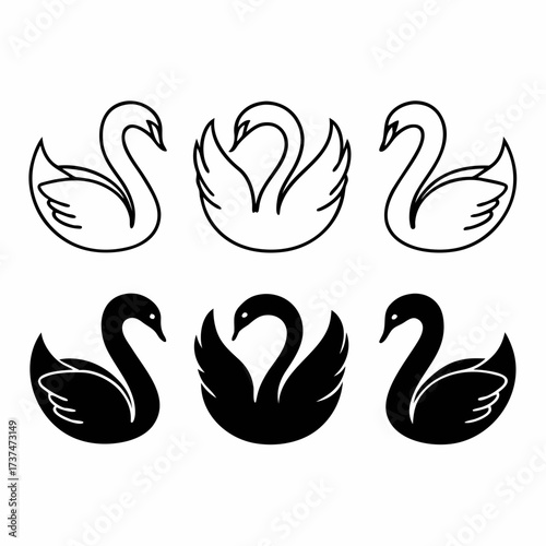 Elegant swan silhouette collection, showcasing graceful bird designs in black and white vector art