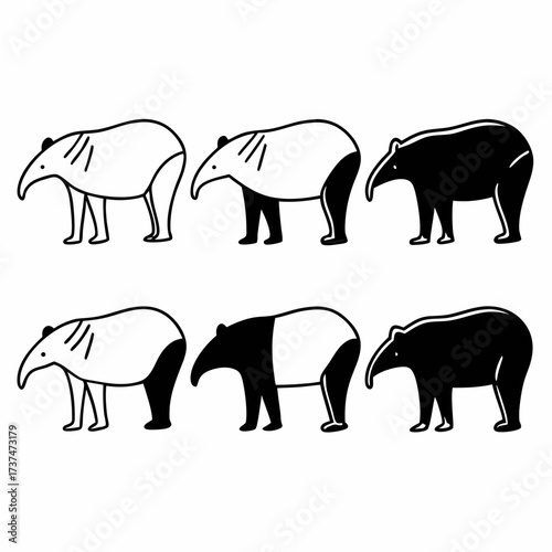 Six tapirs in different color variations in a seamless pattern design