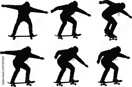 Skateboard trick silhouette sequence, hoodie figure, dynamic motion, black illustration, urban balance poseSkateboard trick si