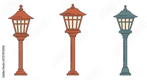 Three Stylized Street Lamps with Unique Color Palettes and Designs.