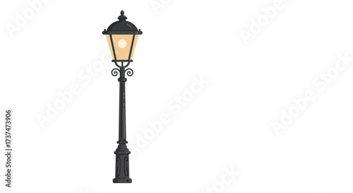 Ornate Black Streetlight with Glowing Bulb Illustration.