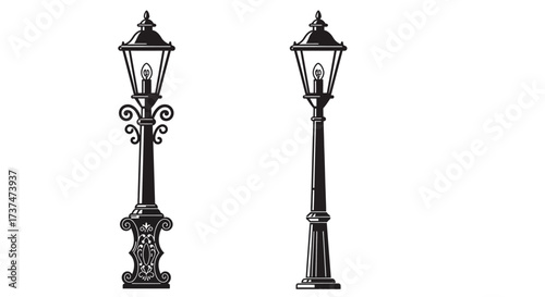 Two Black and White Vintage Street Lamps with Ornate Details.