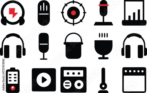 Vector graphics bundle of 30 recording studio icons for audio production and music creation