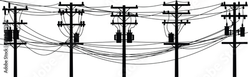 Utility pole silhouette, power line network, electrical infrastructure, black figures, transformer detail, urban energy grid, vector illustration, white background