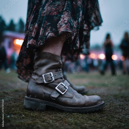 A worn moto boot and floral dress at a music festival at dusk. An edgy and stylish concept for festival fashion and outdoor events.
