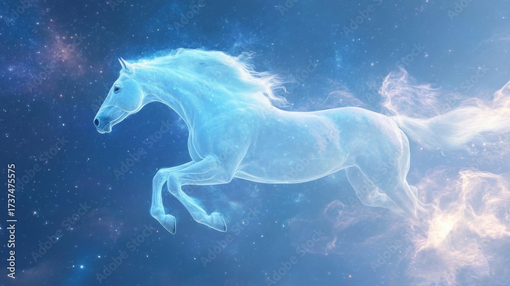 Fototapeta premium Dreamlike celestial horse galloping through a starry sky in an ethereal fantasy scene