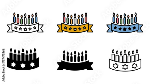 Vector art of collection of hanukkah menorah icons with candles and banner
