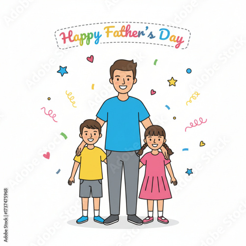 A happy Father's Day illustration showing a dad standing with his son and daughter, celebrating together with confetti and hearts