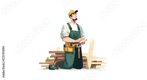Carpenter with wooden planks wearing overalls and glasses looking up in a thoughtful pose against a white background