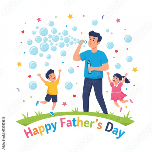 A fun Father's Day illustration showing a dad blowing bubbles while playing with his happy children outdoors