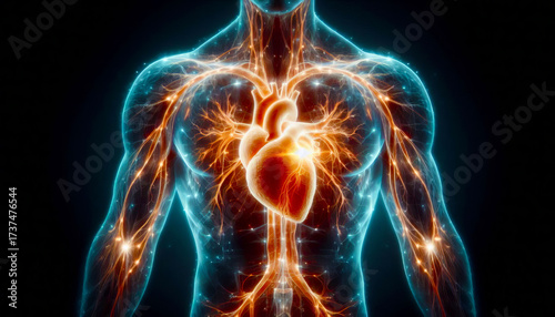 Glowing conceptual human heart 3d render, energy core, biotech and medical concept
