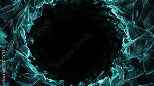A circular black void surrounded by fractured, translucent teal shards resembling shattered glass