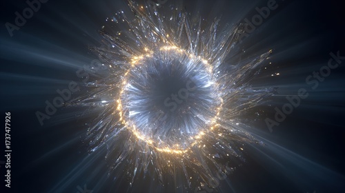 A glowing, celestial portal with a dark core and radiating light, sparking outward in a cosmic display