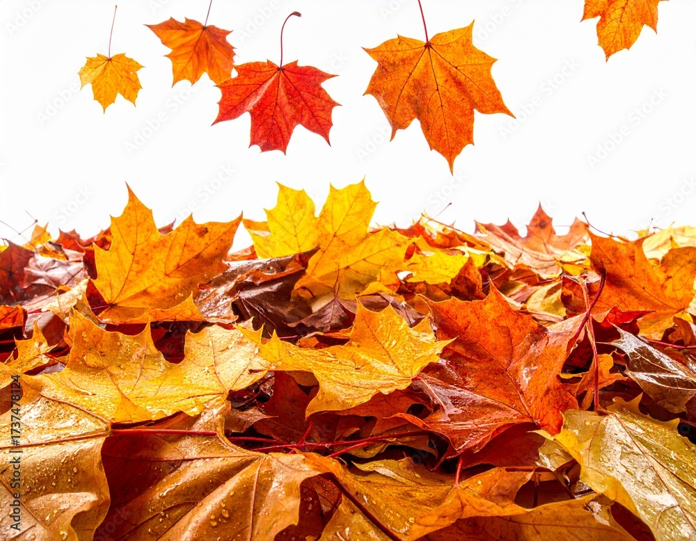 Fototapeta premium Vibrant golden and red maple leaves gracefully fall, creating a stunning pile against a bright white background for cozy autumn designs.