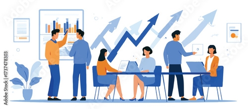 Creative Business Team Discussing Growth Strategies and Financial Data with Upward Arrows and Charts