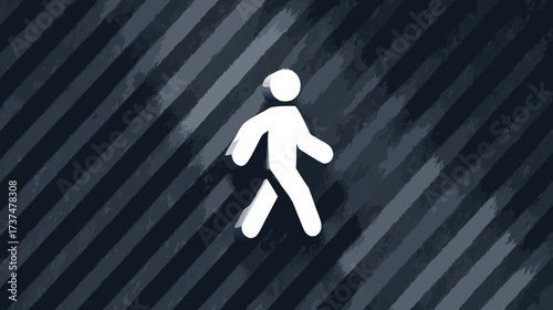 Stylized walking person icon, simple graphic illustration on a textured dark gray striped background, symbolizing movement and pedestrian activity.