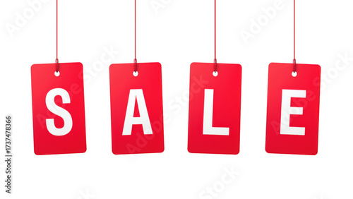 Red tags with white text advertise discounts, created AI, PNG