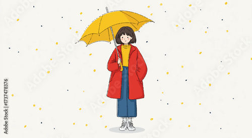 Cute girl in autumn attire with a bright yellow umbrella protecting from falling leaves illustration