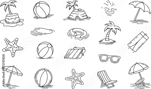 Hand Drawn Beach Vacation Icons Set Palm Tree Sandcastle Beach Ball Starfish Umbrella and Lounge Chair Symbols for Social Media Travel Apps and Summer Design