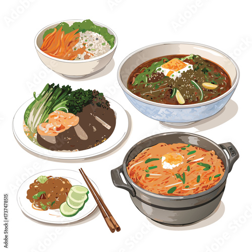 Korean traditional food stone bowl bibimbap vegetarian vector 