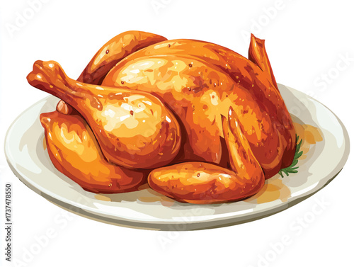 Delicious golden brown roast chicken on a white plate perfect for thanksgiving and christmas dinner celebration feast illustration