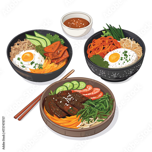 Korean traditional food stone bowl bibimbap vegetarian vector 