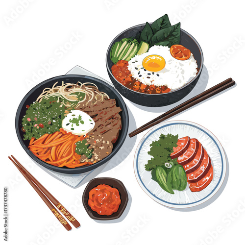 Korean traditional food stone bowl bibimbap vegetarian vector 
