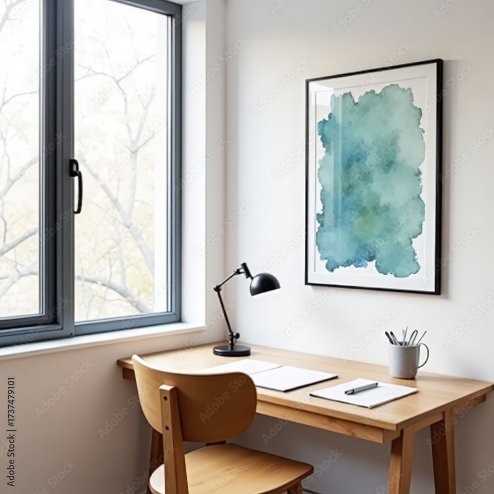 Fototapeta premium Clean-lined writing desk in corner window with framed art
