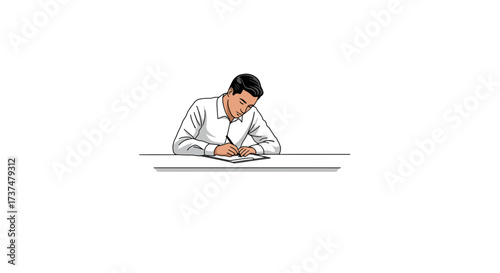 Focused man in a formal shirt writing or signing a document at a desk illustration