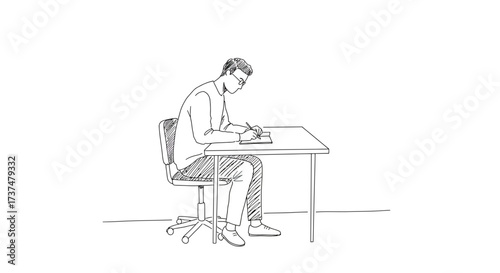 Line drawing animation of a masked person studying at a desk
