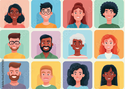 Diverse group of people expressing happiness and success in a vector art style illustration featuring varied ethnicities and genders