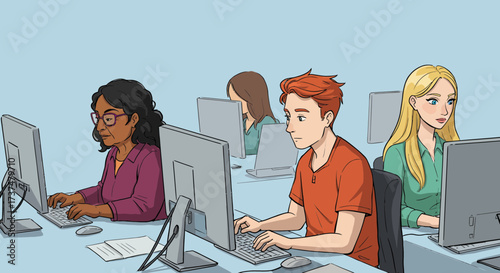Diverse group of focused individuals engaged in digital work at computers