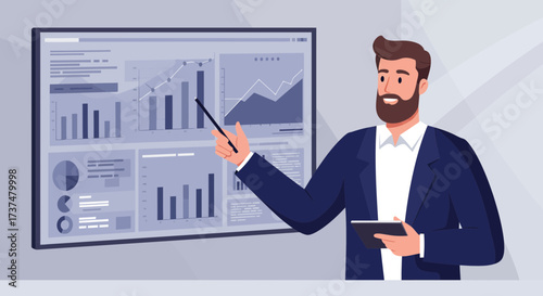 Professional businesswoman presenting data analytics at a corporate conference