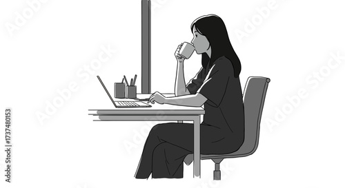 Black and white illustration of a focused woman working on her laptop with a cup of coffee