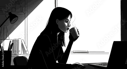 Monochrome illustration A focused woman working on her laptop, sipping coffee in a tranquil, dimly lit home office setting