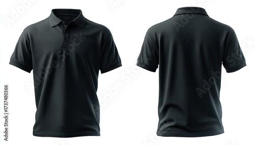 Two views of a plain black short-sleeved polo shirt, front and back, on a white background (1)