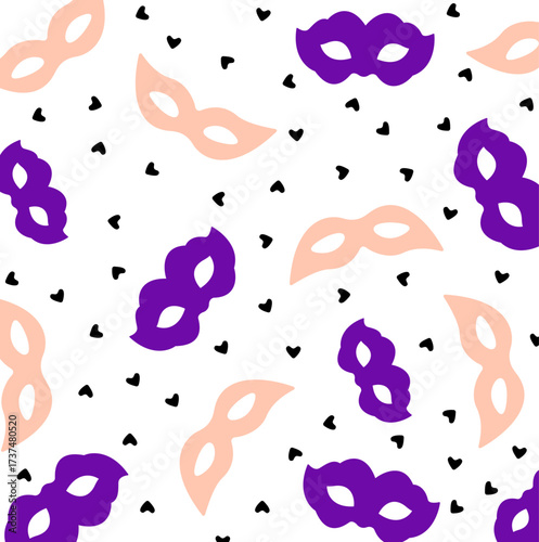 Mardi Gras seamless pattern with carnival masks; holiday background for wrapping paper, greeting cards, posters, banners.