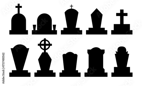 Set of gravestone silhouettes isolated on white background. Vector illustration.