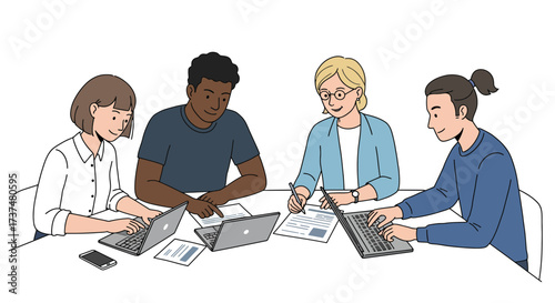 Diverse Team Collaborating on Work at a Table Using Laptops & Documents