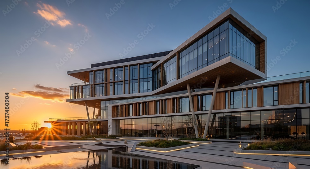 Fototapeta premium Modern Building with Glass Facade at Sunset.