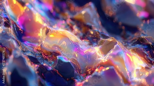 Close-up of iridescent, crystalline structures. Light refracts across facets, displaying vibrant, shifting hues
