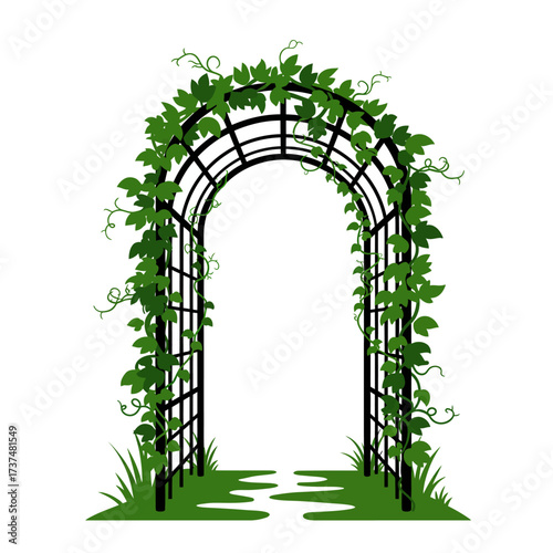 Decorative garden archway with lush green ivy and grass accents for outdoor spaces silhouette flat design vector illustration white background