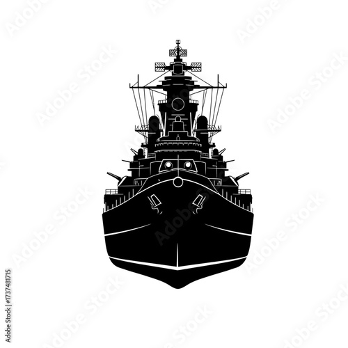 Silhouette of a powerful warship moving forward with a stark outline and detailed superstructure for a naval theme. silhouette flat design vector illustration white background