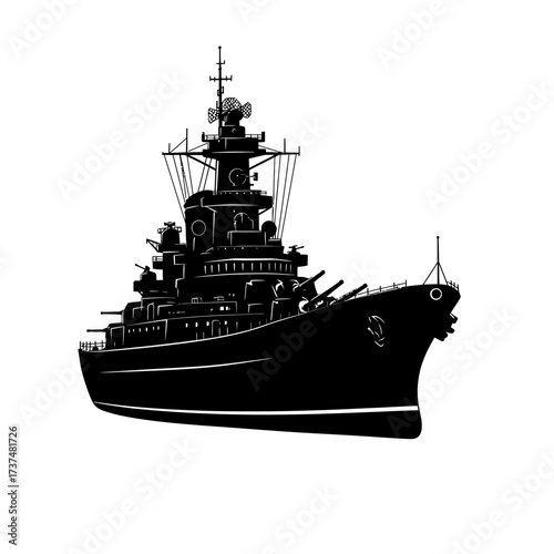 Silhouette of a powerful battleship warship majestic naval vessel silhouette ready for action silhouette flat design vector illustration white background