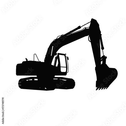 Silhouette of a heavy duty excavator machine ready for construction and digging tasks silhouette flat design vector illustration white background