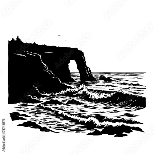 Dramatic ocean waves crash against rugged cliffs under a bright sky silhouette flat design vector illustration white background