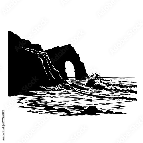 Dramatic sea arch and crashing waves artistic silhouette rendered with stark contrast silhouette flat design vector illustration white background
