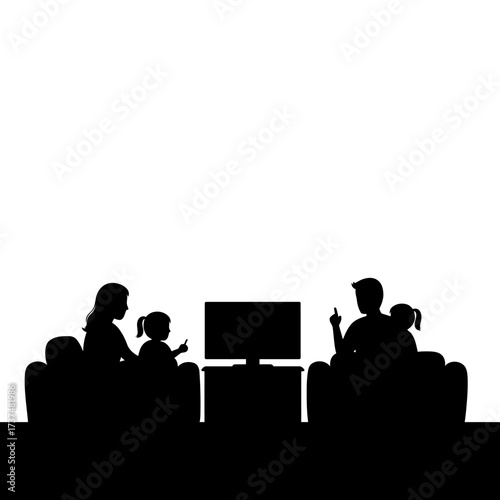 Family silhouettes enjoying television together in living room modern home entertainment scene silhouette flat design vector illustration white background