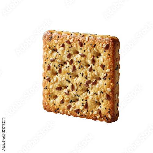 Single golden-brown multigrain cracker with flax, sesame, poppy seeds, and sea salt flakes on a transparent background with creamy bokeh. Concept for premium food advertising